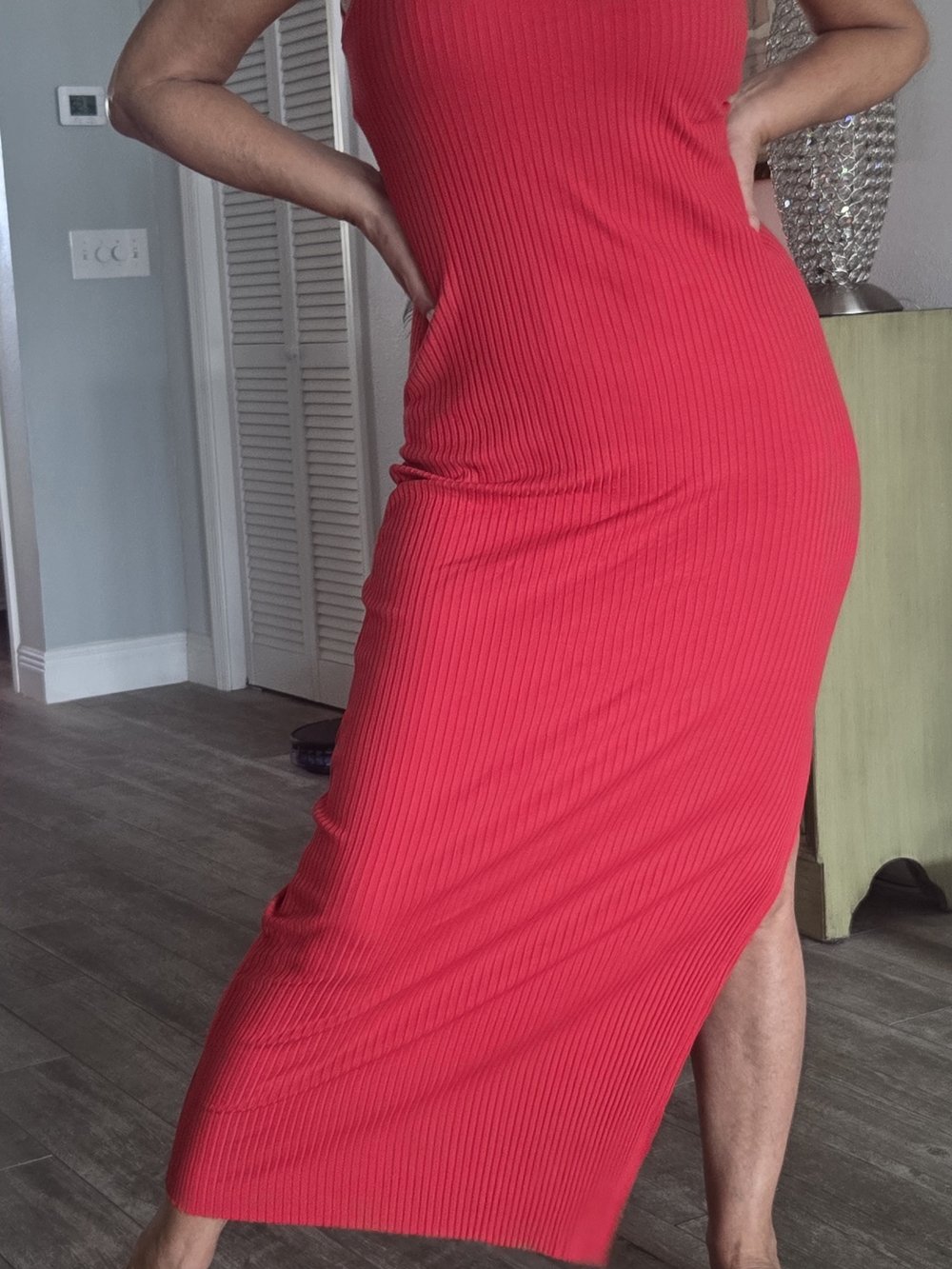 Stateside Red Ribbed Maxi Dress with Side Slit